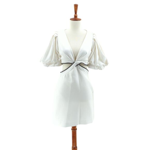 ALC Women 2 Hazel Dress White Crystal Mini Cut Out V Neck Puff Balloon NEW FLAW - Picture 2 of 10